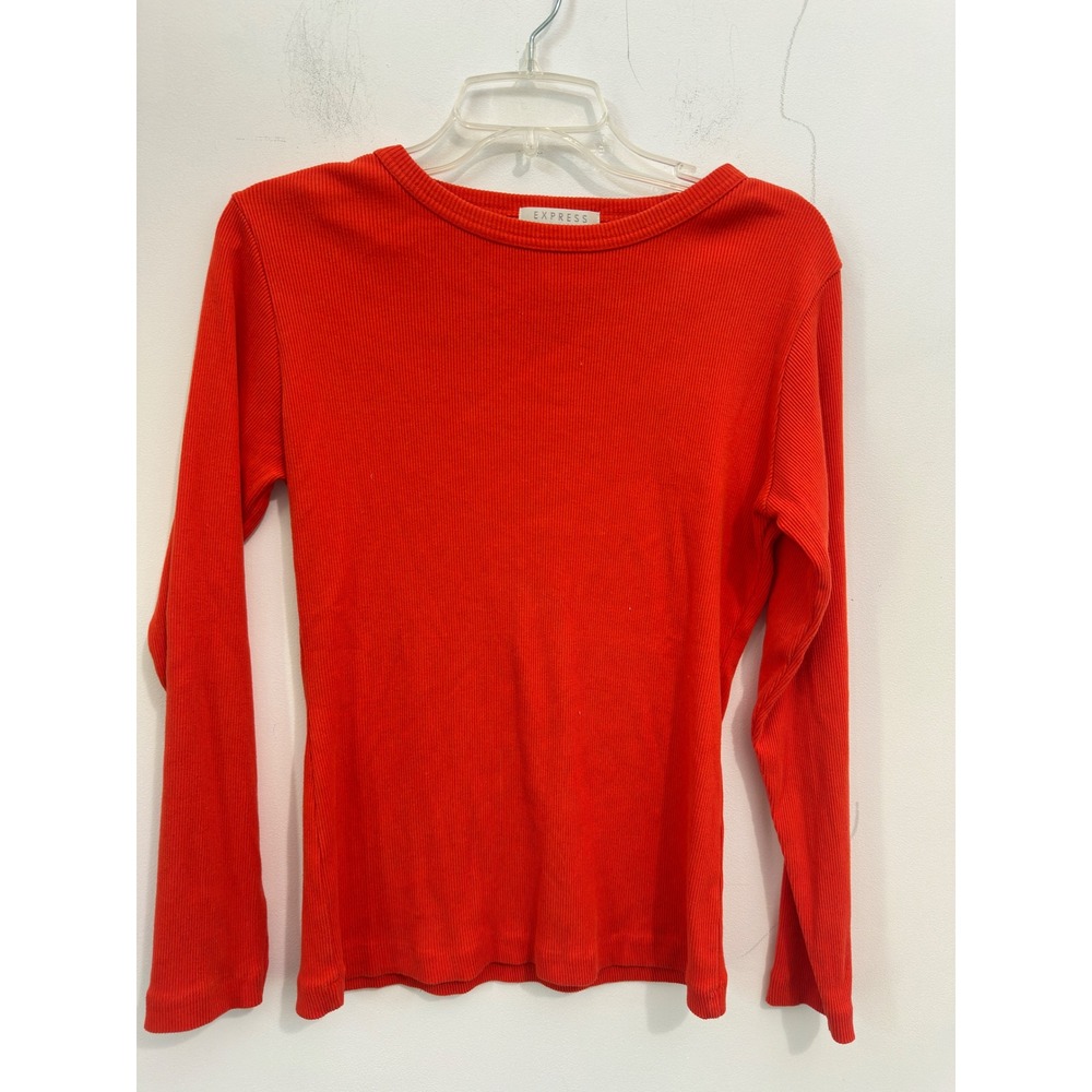 Express Tricot Vintage 90s Orange Ribbed Knit Long Sleeve Crew Top Sz L Preppy